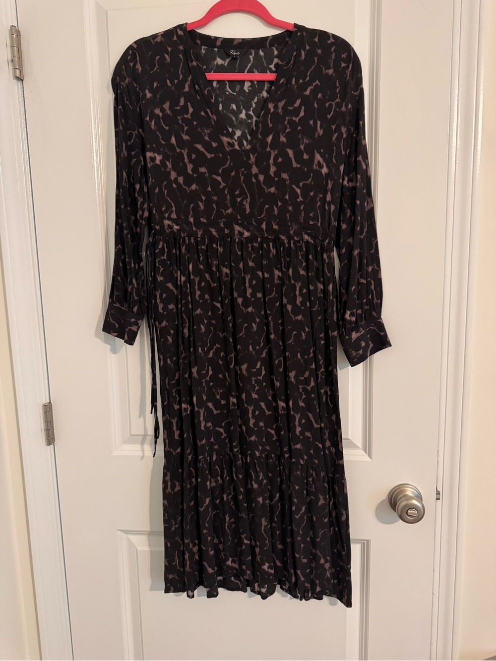 Rails Black Dress with Taupe Abstract Print V-Neck Midi